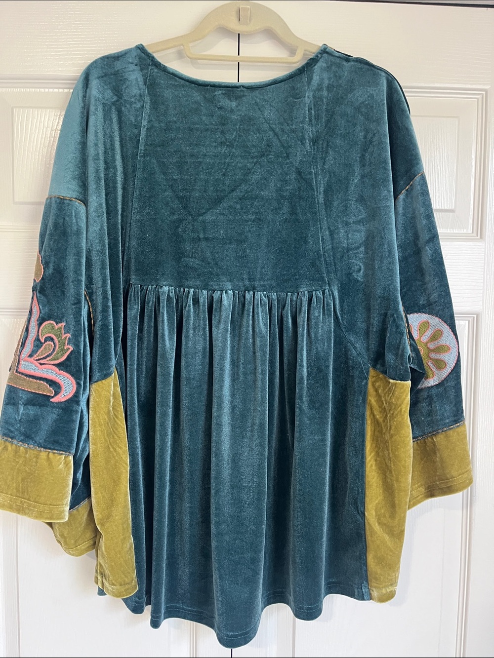 Boho Velvet Embroidered Peasant Top - Teal & Olive - Picture 5 of 5